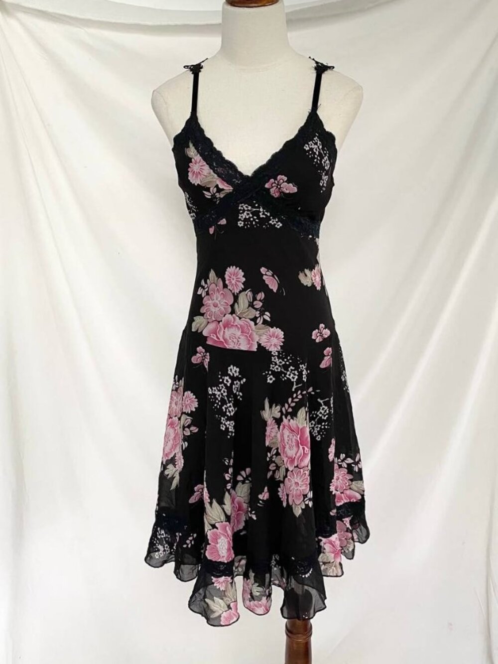 Vintage Black Floral Midi Dress Pink Rose Print Lace Trim Spaghetti Strap Y2K